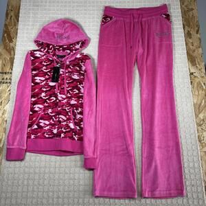 BCBG Pink Velour Camo Tracksuit Set L